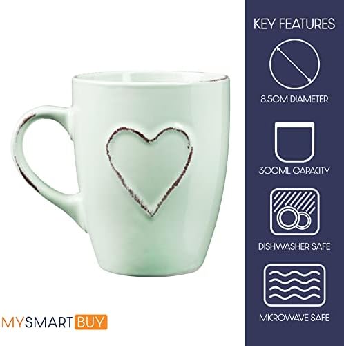 6 Piece Country Kitchen Pastel Heart Mug Set  10oz/300ml Dishwasher & Microwave Safe Ceramic Stoneware Tea, Coffee & Hot Chocolate Mugs  Pink, Mint & Oatmeal Colour Glazed Drinking Cups