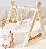 Wooden Baby Play Gym, PgUp Foldable Baby Gym with 4 Wooden Baby Hanging Toys for Play & Learn, Baby Activity Gym Frame Hanging Bar Toddler Gym Newborn Gift for Baby Girl and Boy