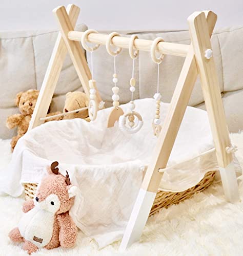 Image of Wooden Baby Play Gym, PgUp Foldable Baby Gym with 4 Wooden Baby Hanging Toys for Play & Learn, Baby Activity Gym Frame Hanging Bar Toddler Gym Newborn Gift for Baby Girl and Boy