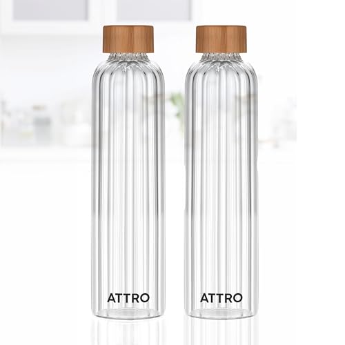 Image of ATTRO Glassox Glacia High Borosilicate Screw Glass Bottle with Bamboo Lid Leakproof Ideal for Office, Travel, Home,Outdoor & Daily Use - Transparent - 750ml- Set Of 2
