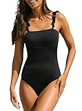 Hilinker Women's Ruffle Shoulder One Piece Bathing Suit Ribbed Knit Tummy Control Swimsuits Black Me