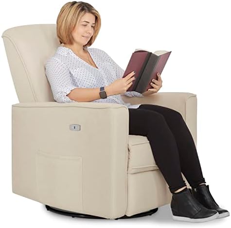 Evolur Harlow Deluxe Upholstered Plush Seating Glider Swivel, Rocker, Power Recliner with USB Port, Greenguard Gold Certified, Glider Chair for Nursery in Shell, Modern Nursery Recliner