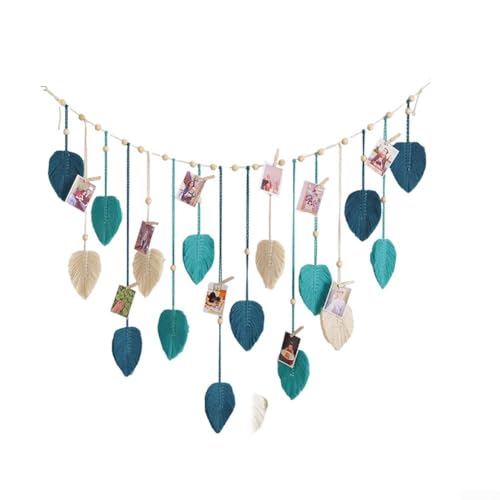 Arazzo in corda di cotone intrecciato a mano con foglie con 10 clip per decorare pareti e esporre foto in casa e in affitto (blu)