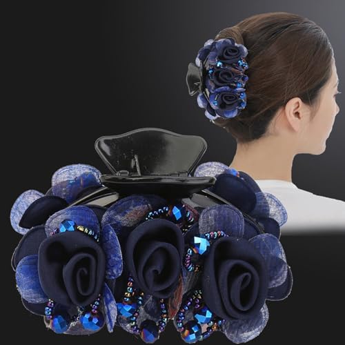 Xiangwenlan Women's Hair Accessories, Navy Blue Rose Flower Barrettes, Rhinestone Double Flower Hair Clip