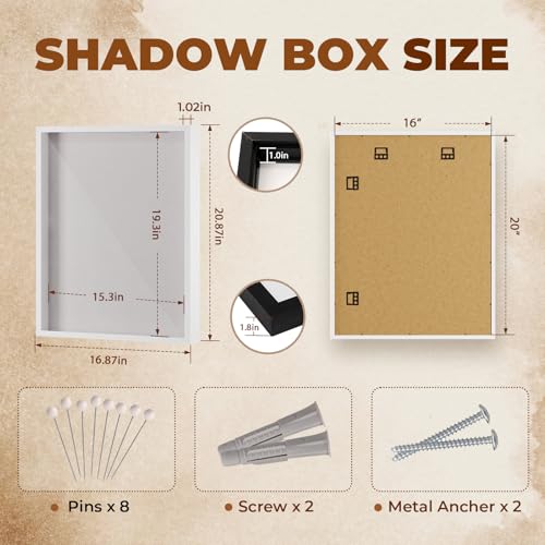 Image of Muzilife 16x20 Shadow Box Frame in White with MDF Wood Frame and Soft Linen Back, Large Shadow Box Display Case for Memorabilia, Photos, Flowers for Wall or Tabletop Display with 8 pins