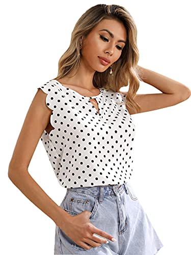 Romwe Women's Polka Dots Sleeveless Keyhole Neck Scallop Blouses Tops White M #TOP11