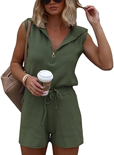 FACDIBY Women's Short Rompers Sleeveless One Piece Jumpsuits Half Zip V Neck Elastic Waist Knit Romper with Pockets, Green M