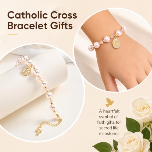 KSF Kids Pink Pearl Beads Bracelet - 14K Gold Plated Virgin Mary Bracelet - image 5