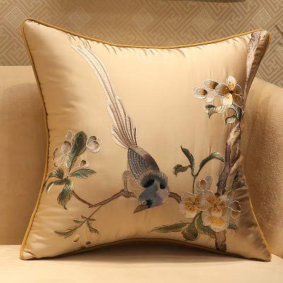 Oreiller broderie fleur et oiseau en coton noble pour canapé classique en bois de rose L