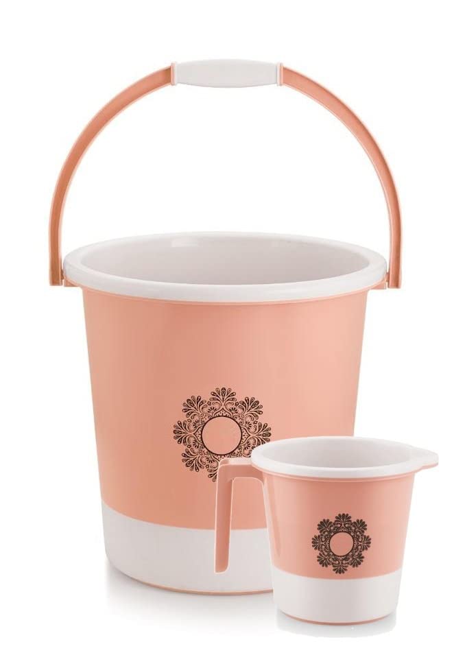 Liza Plastic Duplex Bucket with Mug, Pink, Bucket 25 L, Mug 1.5 L (1 Bucket and 1 Mug)
