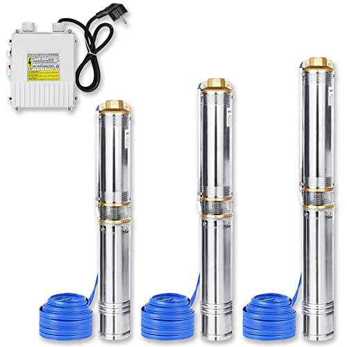 Froadp Ø92mm Edelstahl Tauchpumpe, Sandverträglich Tiefbrunnenpumpe Förderhöhe bis 67m mit Anschlusskabels und Steuerbox, Brunnenpumpen Fördermenge bis 4000L/h, Wasserpumpe für Garten Teiche (750W)