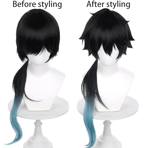 Image of Anime Black Blue Gradient Wig with Bangs Men Long Straight Wig with Ponytail for Women Game Dragon Permansor Cosplay Wig Halloween,Christmas,Comic con,Game Show,Party