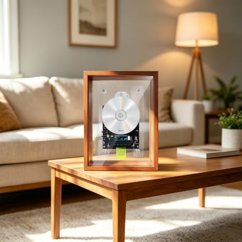 Vintage Wood Grain Photo Frame CD Music Player, Wall Hanging & Tabletop 2-in-1 Player, Digital Screen & Remote Control, Support External Speakers, CD Not Included, Perfect Present for Birthday Housewarming