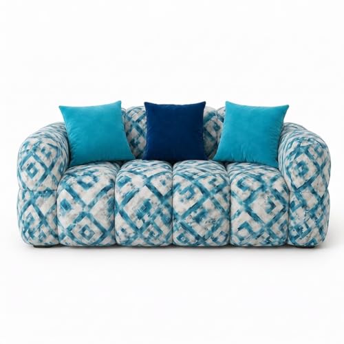 Image of FURNY Luxury Nimbus 2 Seater Bubble Cloud Sofa Set for Living Room | Tapestry Mosaic Fabric Upholstered | Modern Cushioned Comfortable Couch for Home Office & Drawing Room | Lagoon Blue