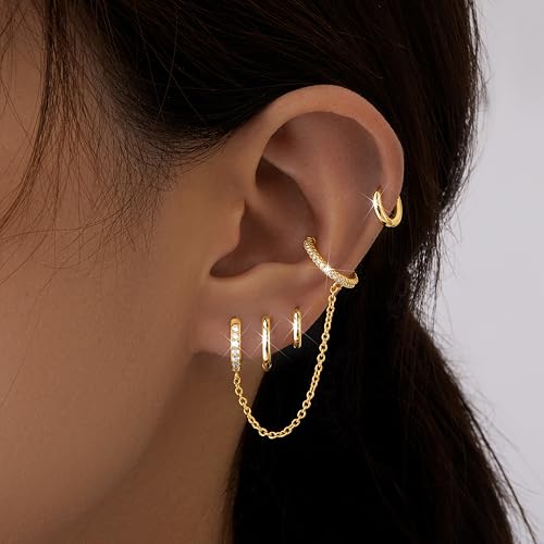 Image of Small Gold Huggie Hoop Earrings Set for Women Men Hypoallergenic 14K Plated Stack Cartilage Earrings, Sterling Silver Multiple Piercing Lightweight Mini Thin Cute Dainty Trendy Jewelry Gifts for Women