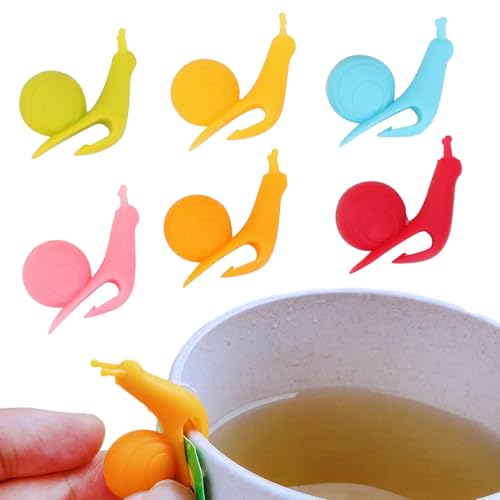 Teebeutelhalter in Tierform, niedlich, lebensmittelechter Silikon-Clip, bunte Schneckenform, 6 Stück, wasserdicht, Tee-Zubehör, Getränke-Marker für Tassen, Tassen, Partys, Küche
