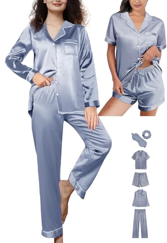 6Pcs Womens Silk Satin Pajamas Set XS-XXL Pajama Sets Pjs Set Button Down Pj Sets Sleepwear Loungewear3