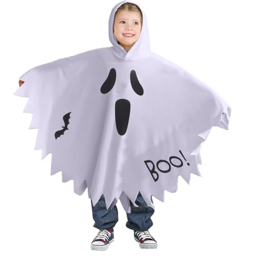 Guittly Halloween Ghost Costume Kids Girls, White Scary Cloak Costume Hooded Dress, Frightening Smiling Face Cosplay Role Play, Toddler Fancy Dress Party (White, L)