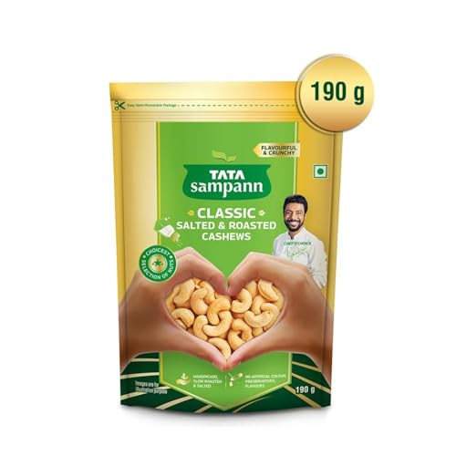 Image of Tata Sampann Classic Salted & Roasted Cashews /Kaju, Flavourful & Crunchy Snack Handpicked, Salted & Slow Roasted Cashews Rich in Protein, Magnesium, and Phosphorus, No Artificial Colours, Preservatives & Flavours, 190g