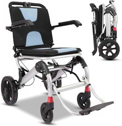 Faltbarer leichter Rollstuhl bis 150 kg Tragfähigkeit, Transportstuhl für Zuhause und Reisen, Aluminiumrahmen, 41 cm Sitzbreite