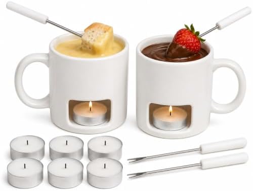 Evelots 2-Pack Ceramic Fondue Cheese Mugs, 4 Forks & 8 Candles, White