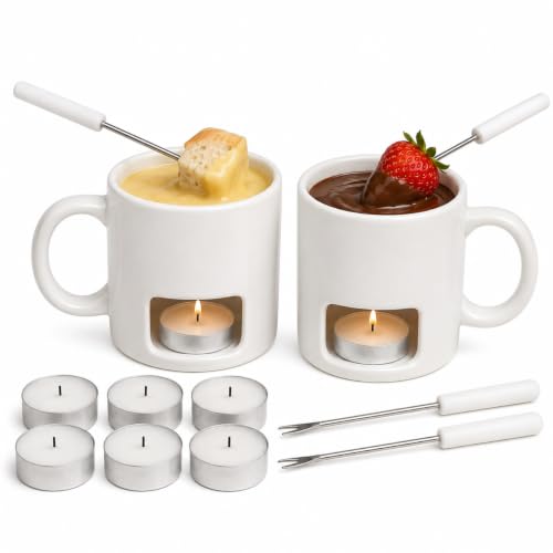 Evelots 2-Pack Ceramic Fondue Cheese Mugs, 4 Forks & 8 Candles, White