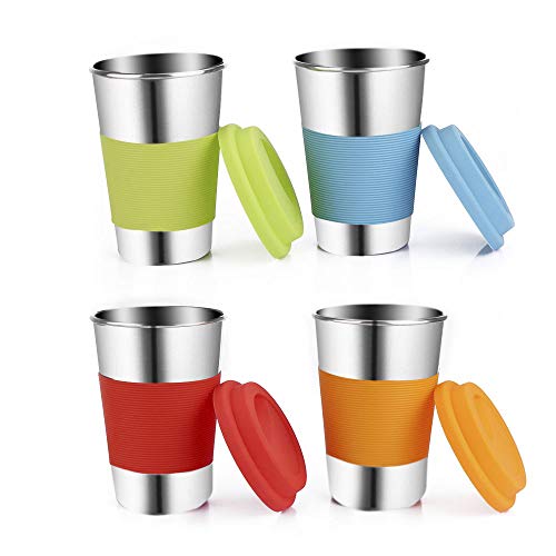 Stainless Steel Kids Cups with Lids,Kids Drinking Cups with Silicone Sleeve,16oz Unbreakable Premium