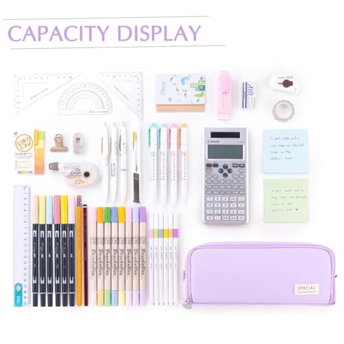 Image of Canvas School Bag Pencil Case, 3 Layer 6 Compartment Large Capacity, Aesthetic Pencil Pouch for Stationary, Cute Stationery for Kids, Pencil Case for Girls & Boys (Special Purple)