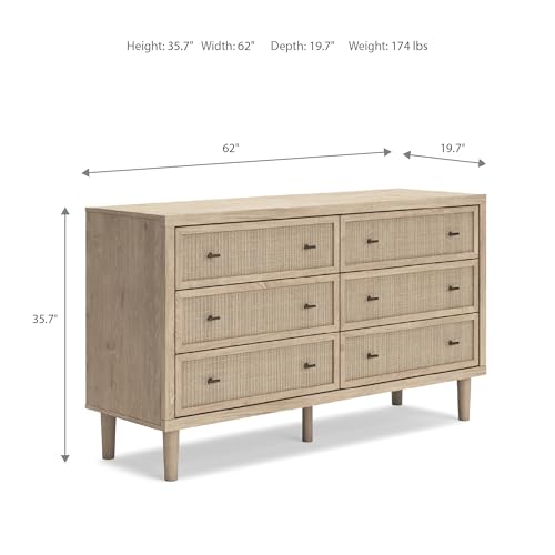 Image of Signature Design by Ashley Cielden 6 Drawer Dresser, Quick 10-Minute Assembly, Textured Cane Details, Coastal Modern Bedroom Storage, Light Brown Two-Tone