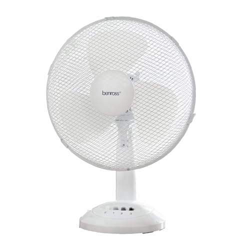 Benross 43920 12-Inch Standing Desk Fan/Easy Push Control Buttons / 3 Speed Settings/Oscillating Head/Safety Guard/Use In Home, Office, Commercial & More/White Colour