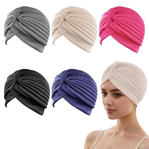 Lot de 5 Turbans Pré-noués pour Femme, Bonnets Chimio Confortables pour Perte de Cheveux, Chapeaux de Nuit et Quotidiens, Tissus Doux Multicolores