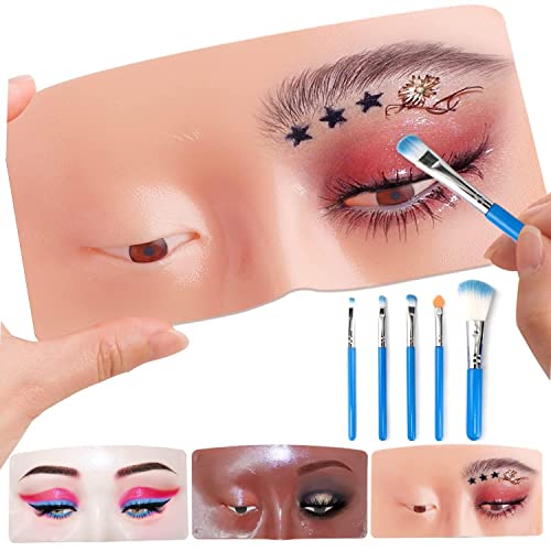 Bueuo Makeup Practice Face Board, 3D Reusable Silicone Makeup Mannequin Face with 5PCS Makeup Brush, Eye Makeup Practice Face for Makeup Beginner or Professional Enthusiasts