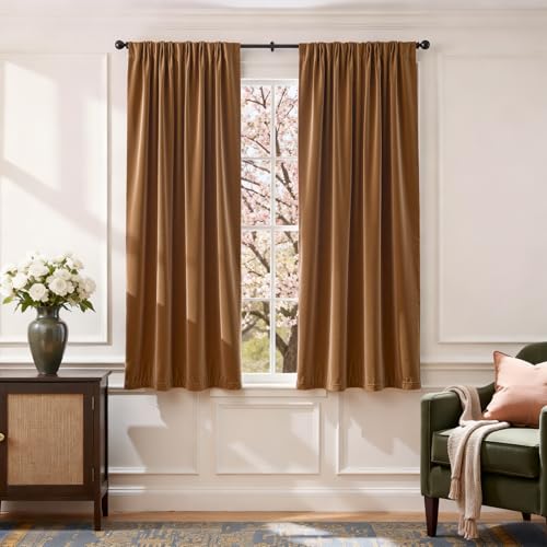 Image of Blackout Golden Brown Velvet Curtains Rod Pocket 52x63 Inch 2 Panels | Soft Velvet, For Small Windows, Kitchens & Bathrooms, Light Shifting Texture, Elegant Luxury Drape, Rich, Rod Pocket