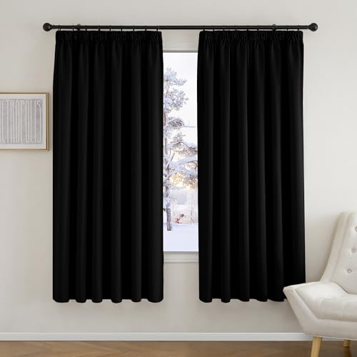 PONY DANCE Thermal Blackout Curtains 90x72 for Bedroom Black Out Pencil Pleat Curtains for Track Extra Wide Curtains for Living Room Window Treatment, W90 X L72, 2 Panels, Black