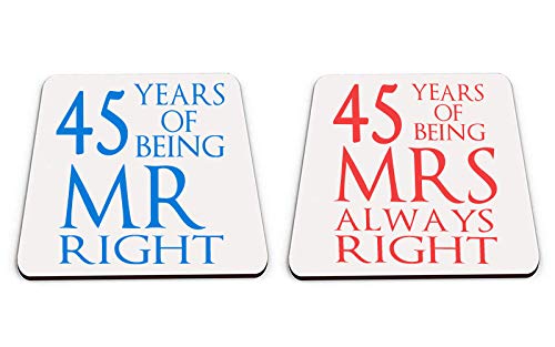 Being Mr Right & Mrs Always Right Set of 2 Wedding Anniversary, Valentines Day, Couple Square Coaster Set. (45 Years)