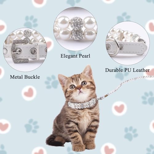 HACRAHO Pearl Hundeleine und Halsband, 2 Stück, für Hunde und Katzen, mit Perlen, verstellbar, mit Strasssteinen für Hunde, Katzen, Welpen