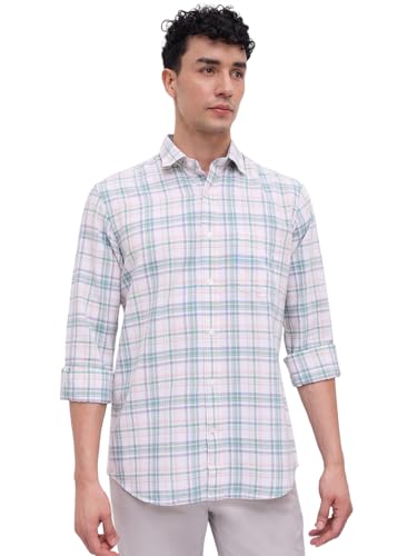 Image of Colorplus Men Regular Fit Checks Pattern Pure Cotton Plain Collar Full Sleeve Casual Shirt