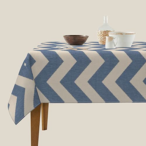 Nappe carrée rayures bleues beiges 152x152 lavable pour table