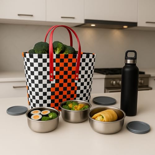 Image of Hand Made Multipurpose Plastic Basket with Lid | Eco-Friendly, Washable, Rust-Free Storage Basket for Kitchen, Picnic, Toys, Travel, Office | Lightweight basket (Red with Light blue, Small)