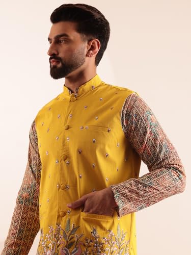 Image of SOJANYA Men's Cotton Silk Multi color Kurta & White Pyjama With Daman Embroidered Jacket