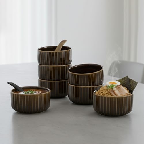 Image of Clay Craft Fine Ceramic 12-Piece Soup Bowl Set | 6 Soup Bowls with 6 Spoons | Striped Glossy Design | 350 Ml Capacity | Microwave & Dishwasher Safe | Ideal for Soup, Snacks & Noodles | Golden Brown