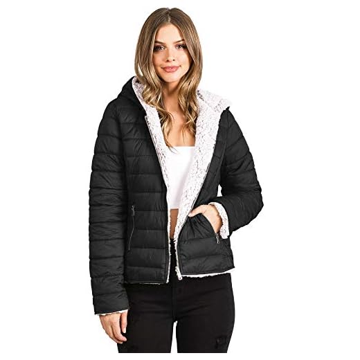 Love Tree Women's Juniors Reversible Teddy Bear Puffer Jacket (L, Black)
