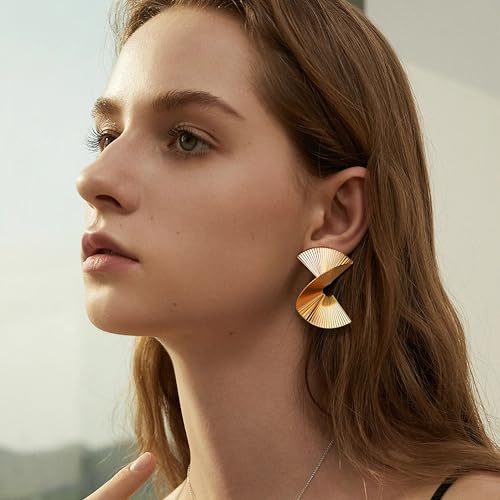 FIBO STEEL 14K Gold Plated Chunky Gold Statement Earrings for Women S925 Sterling Silver Post Big Exaggerated Geometric Round Long Twisted Link Knot Trendy Drop Dangle Earrings Jewelry3
