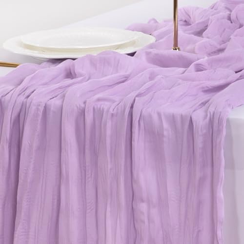Image of Socomi Lilac Purple Lavender Cheesecloth Table Runner Easter Spring Boho Rustic Gauze 120 inch 10FT Cheese Cloth Runner for Wedding Party Baby Shower Birthday Home Decor Holiday Decorations