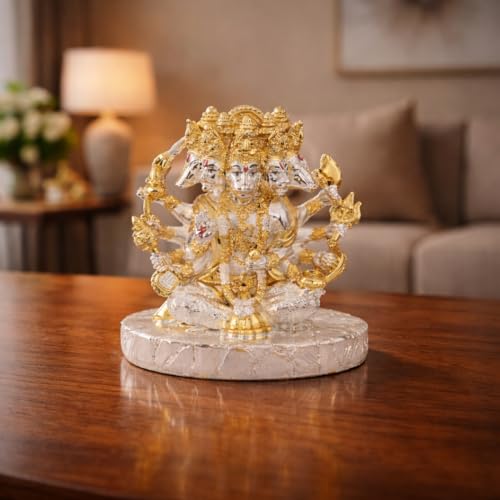 Image of Gold Art India Panchmukhi Hanuman Idol | Gold & Silver Plated Dual Tone Murti | Glossy Finish Polyresin Statue | Spiritual Home Decor for Mandir, Office & Car Dashboard | Premium Gift | 4 Inch