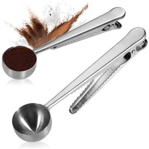COM-FOUR® 2x cucchiaini dosatori per caffè con morsetto in acciaio inossidabile - cucchiaio per polvere di caffè, tè e spezie - clip per chiudere i sacchetti (argento - 20 ml)
