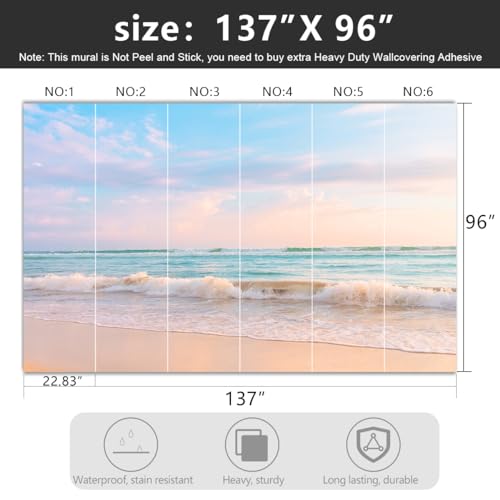 YIHWM -Clear Waves Summer Beach Coastal Scenery Fabric Wallpaper Coastal Islands Living Room Bedroom Bathroom Boys Girls Kids Room Large Mural- 137"x96"( not Peel and Stick) - Image 2
