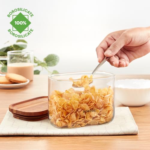 Image of Borosil 600ml Storage Jar Set with Bamboo Lid | Made in India Borosilicate Glass Dishwasher Safe Container for Kitchen | Multipurpose Kitchen Organizer for Cookie & Dals
