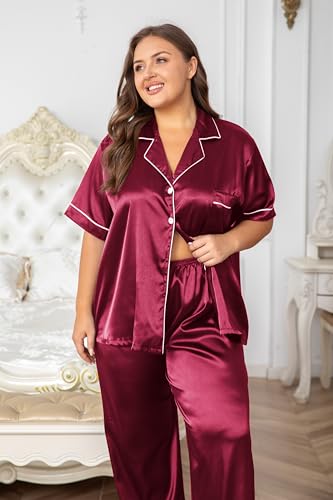 Image of Vozanet Women's Button Down Satin Pajama Sets Silky Short Sleeve Top & Pants Plus Size Loungewear Classic Sleepwear XL to 5XL