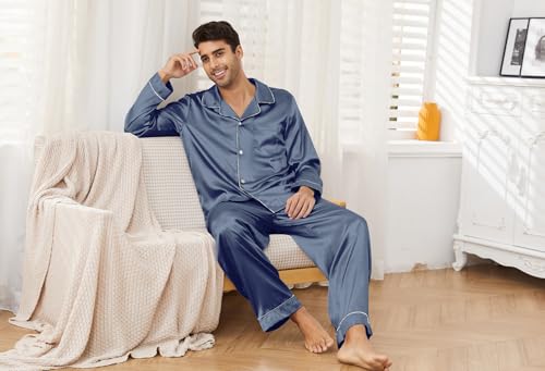 Image of U2SKIIN Mens Silk Pajamas Set, Long Sleeve Satin Pajamas for Men Sleepwear Button Down Pjs Set Two-piece